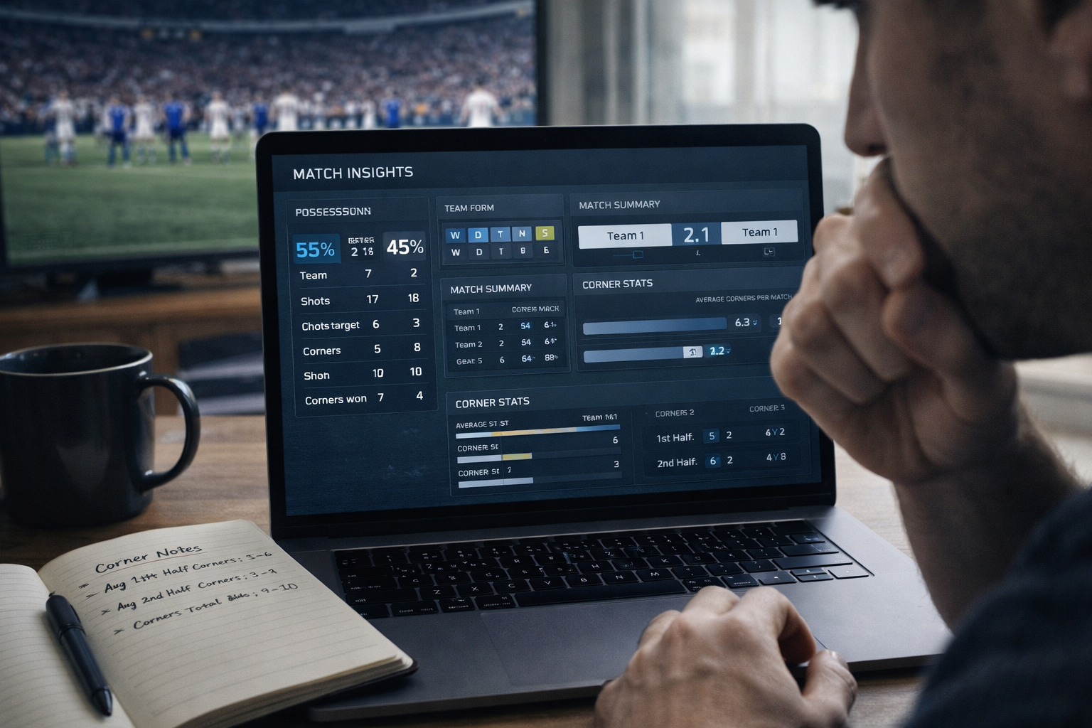 Apostador revisando una apuesta de fútbol con enfoque en decisiones responsables sobre córners