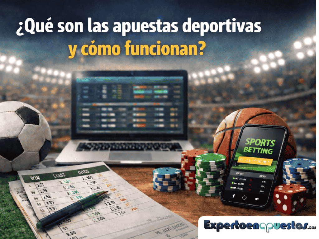 What are sports betting and how do they work? Image with laptop showing betting lines, soccer ball, chips and mobile phone with sports betting app.
