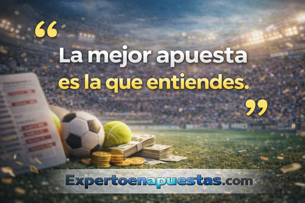 Motivational phrase about sports betting in a stadium with a soccer ball, tennis ball, cash and printed odds, highlighting that the best bet is the one you understand.