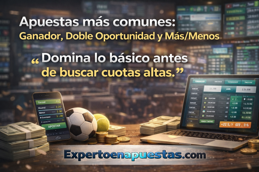 Most common bets such as winner, double chance and over/under, with mobile and laptop showing sports odds alongside money and a soccer ball.