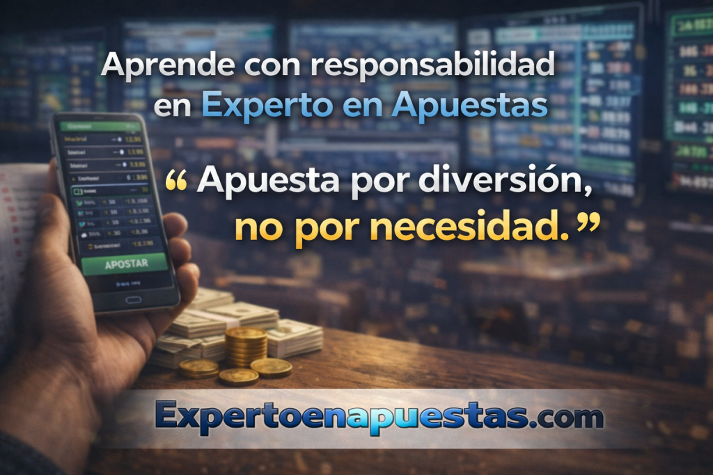 Responsible betting message with mobile phone showing sports betting app and chips on table, promoting betting for fun and not out of necessity.