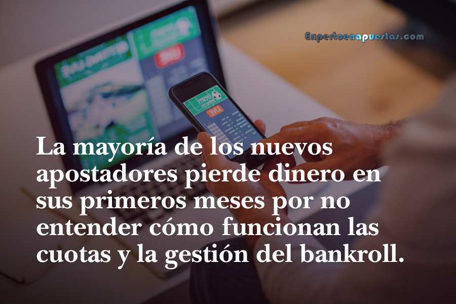 Nuevo usuario analizando cuotas y gestión de bankroll en una plataforma de apuestas online desde móvil y portátil