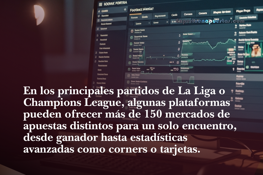 Panel de plataforma de apuestas mostrando más de 150 mercados de apuestas disponibles para un partido de La Liga o Champions League
