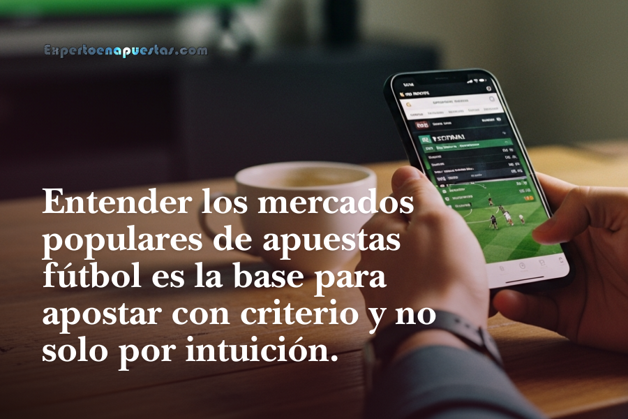 Usuario consultando mercados populares de apuestas fútbol en una plataforma móvil mientras revisa cuotas y opciones de partido