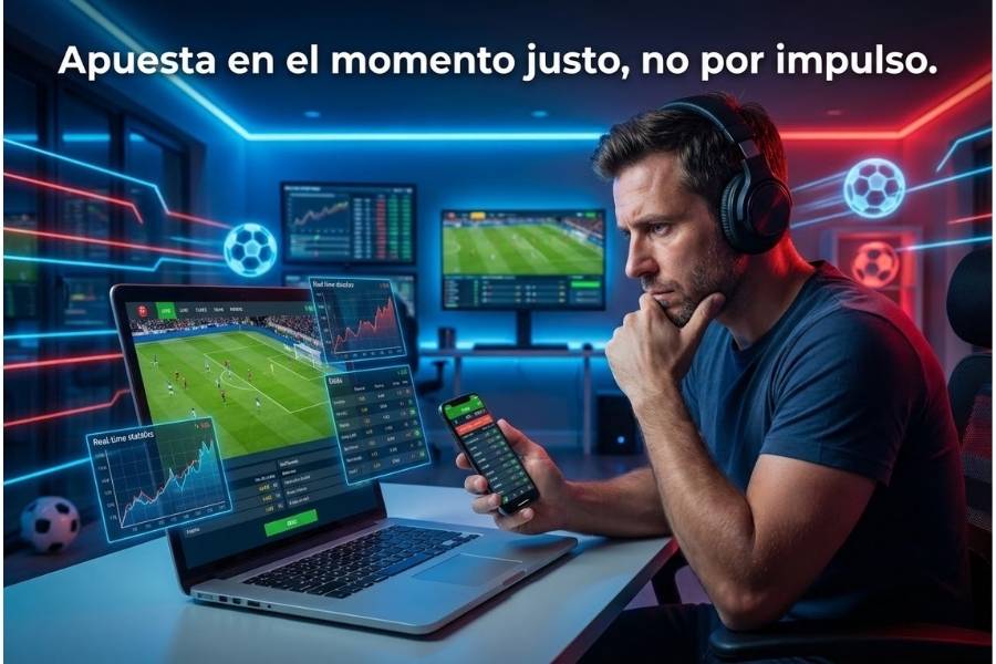 Apostador analizando apuestas en vivo con estadísticas y cuotas en tiempo real durante un partido de fútbol