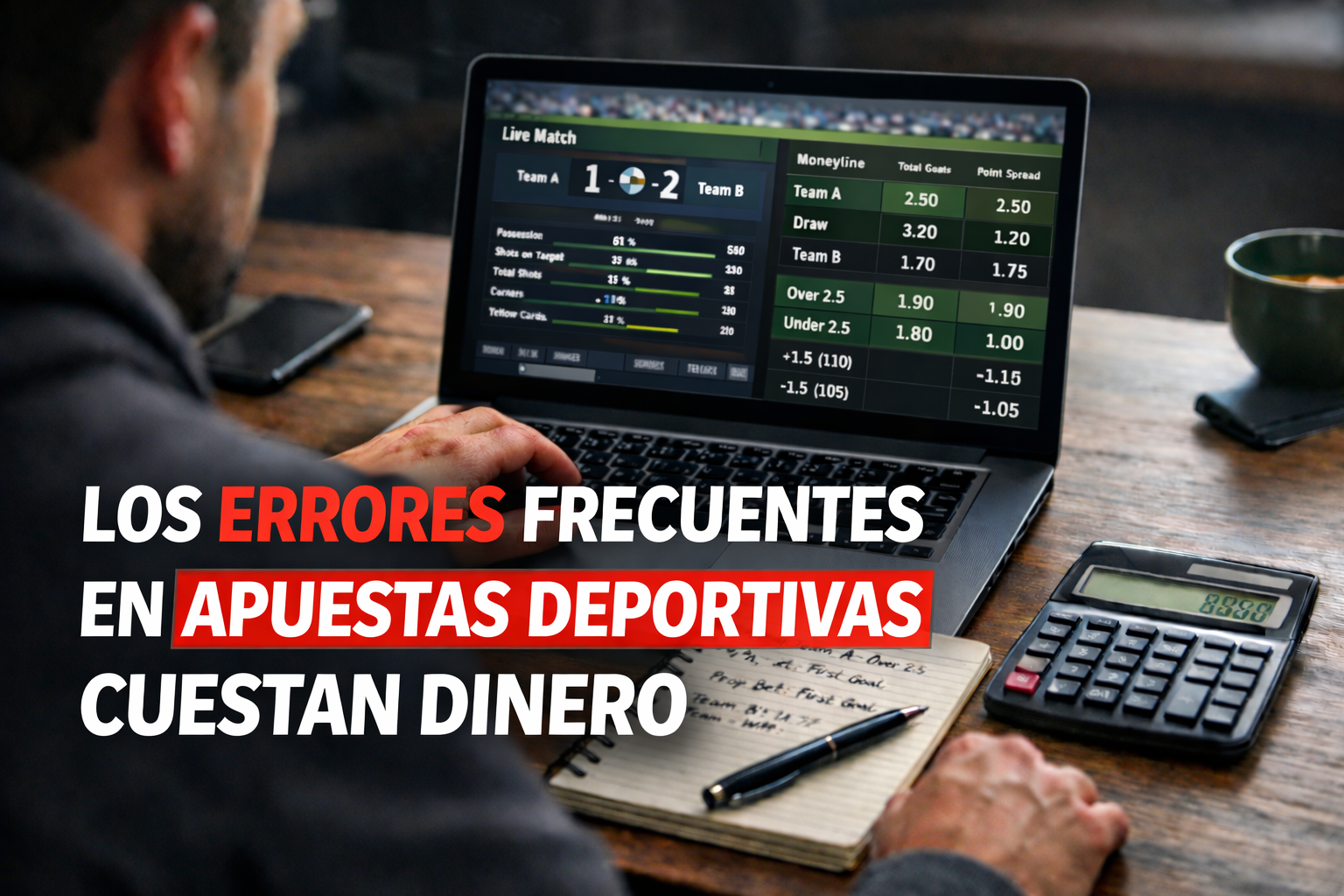 Apostador analizando estadísticas y cuotas en laptop para evitar errores