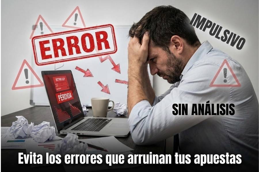 Apostador frustrado mirando apuestas perdidas en pantalla con gráficos y señales de error
