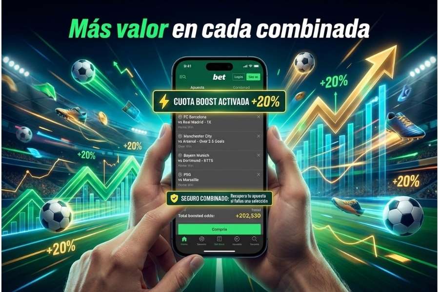 Apuesta combinada en smartphone con mejora de cuotas y protección por selección fallida activa