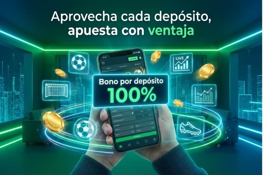 Bonos por depósito en apuestas online mostrados en una app móvil con oferta destacada y elementos deportivos digitales