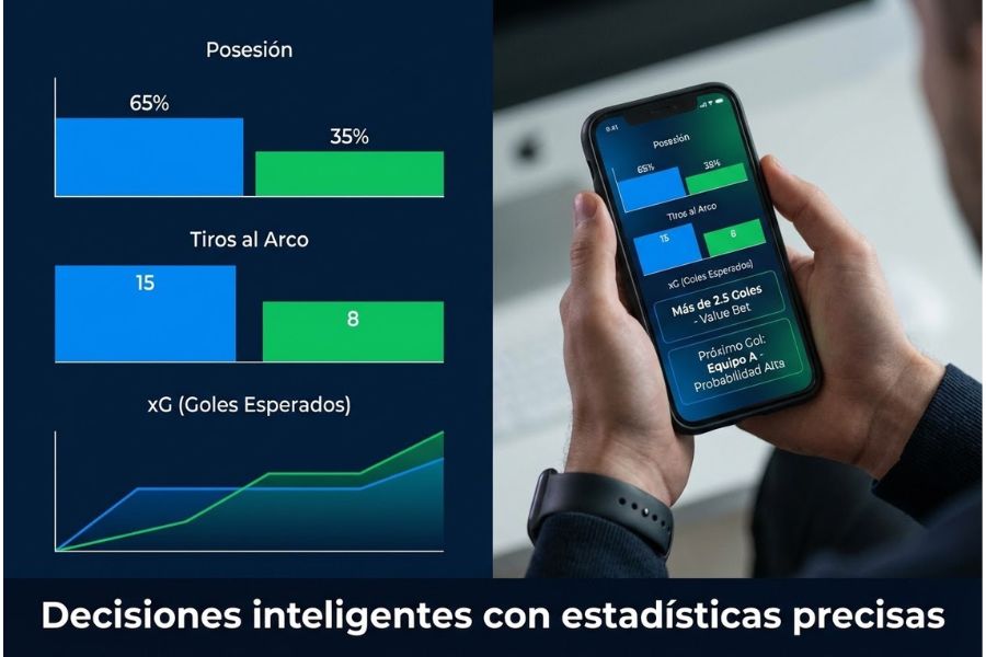 Gráficos de fútbol y estadísticas con teléfono mostrando apuestas