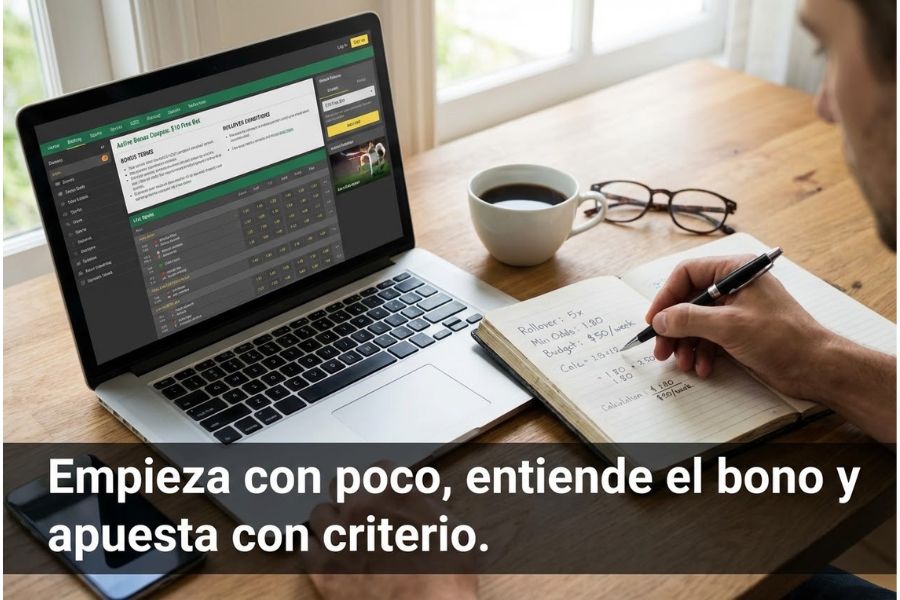 Pantalla de apuestas con bonos y términos visibles, junto a análisis en laptop