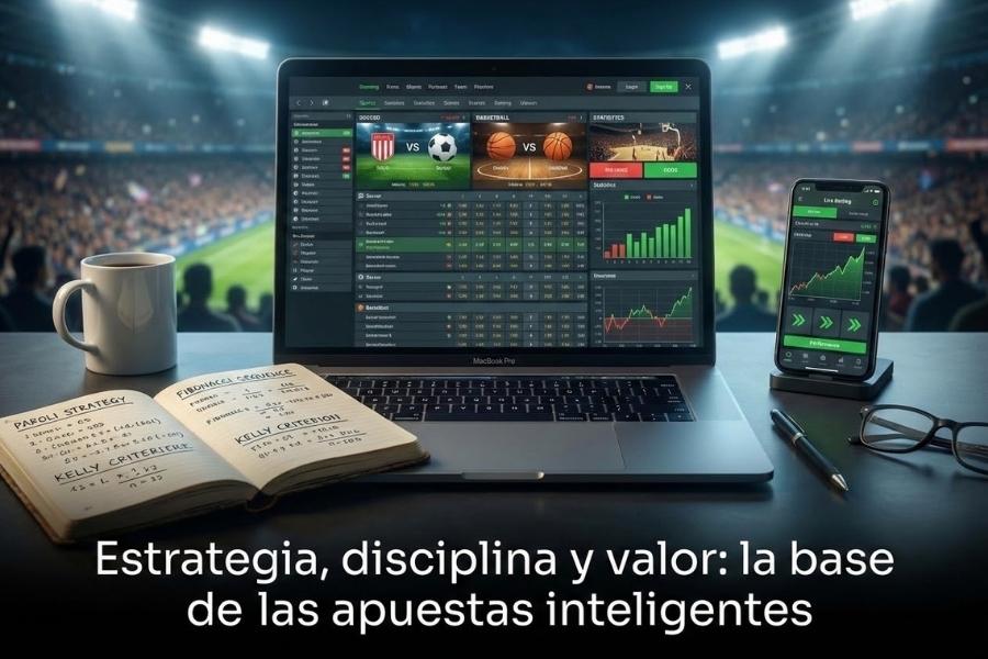 Usuario analizando estrategias de apuestas deportivas con laptop, notas y cuotas en pantalla