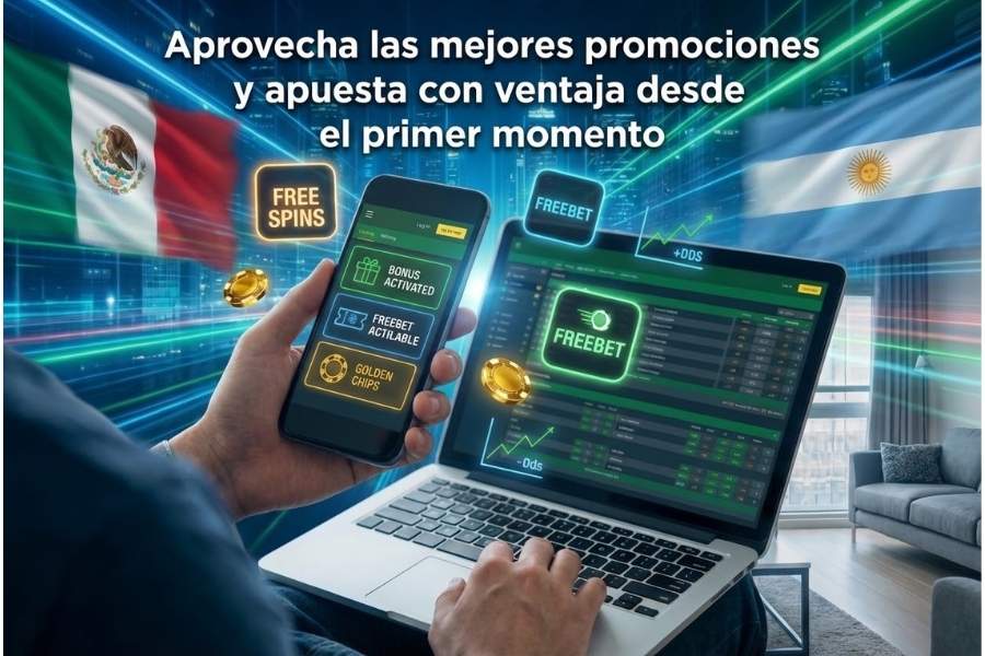Usuario apostando online desde móvil con bonos, freebets y promociones visibles en pantalla en un entorno digital moderno en Latinoamérica