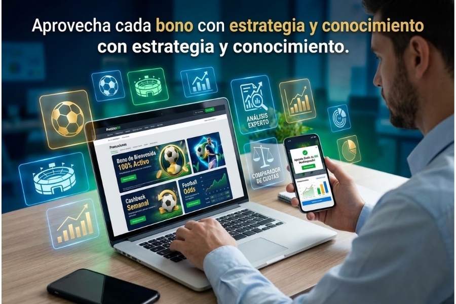 Usuario comparando bonos y promociones de apuestas online en laptop y móvil