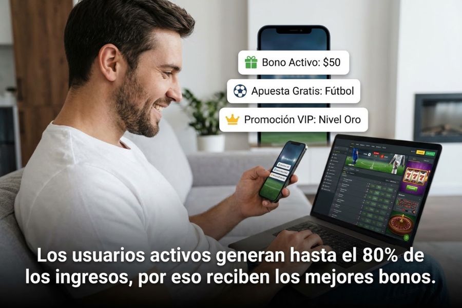 Usuario revisando bonos y apuestas gratis en una app de apuestas con eventos deportivos y casino