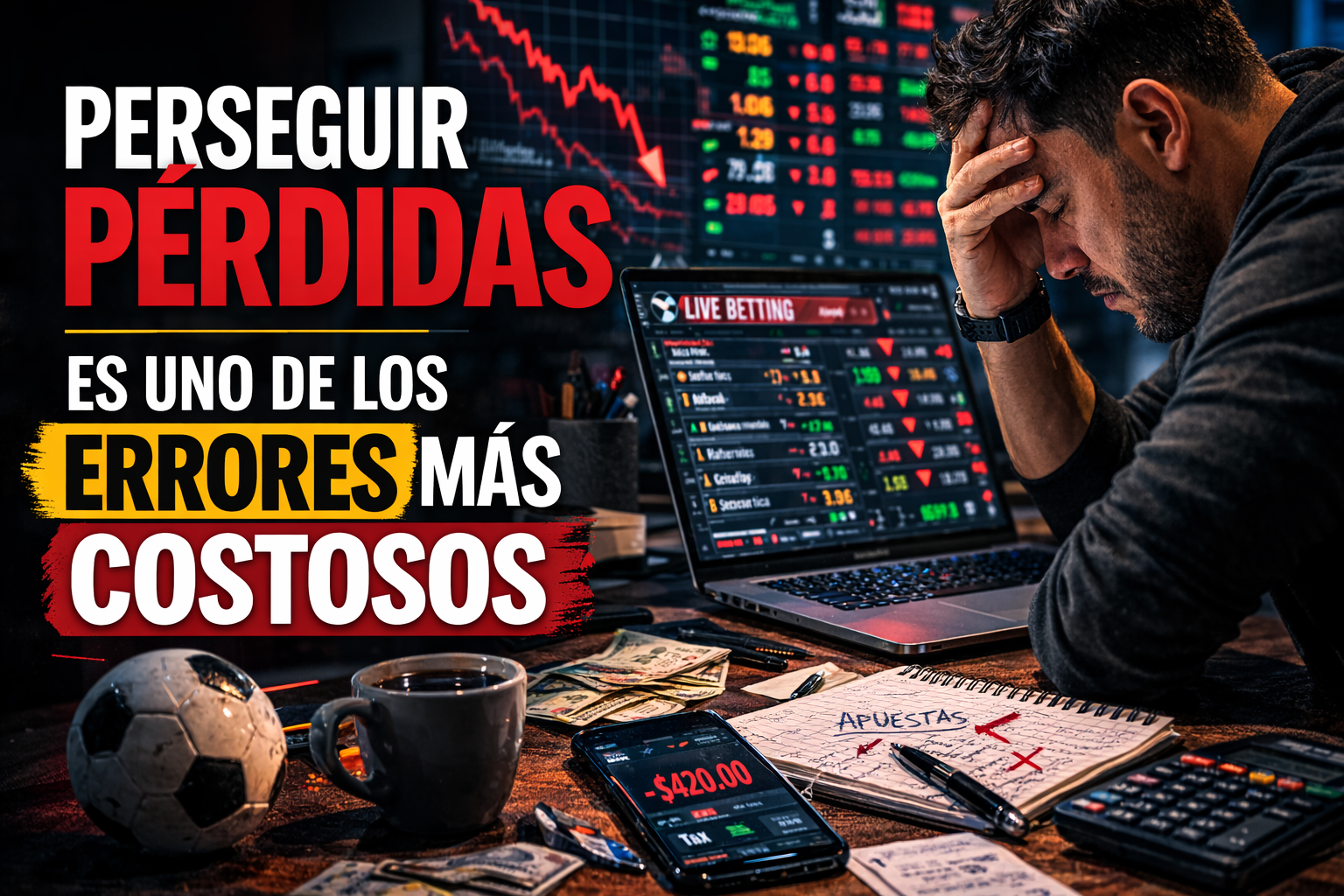 apostador frustrado revisando apuestas en vivo ilustrando el error de perseguir pérdidas