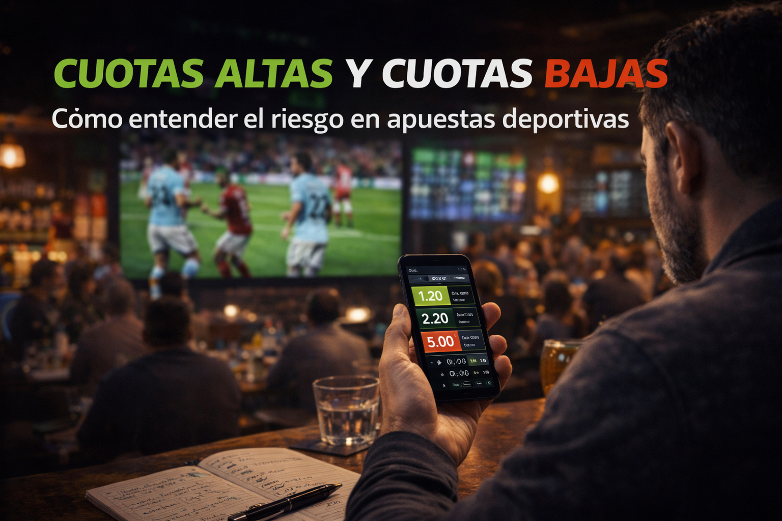 apostador viendo un partido en un bar mientras revisa cuotas de apuestas en el móvil