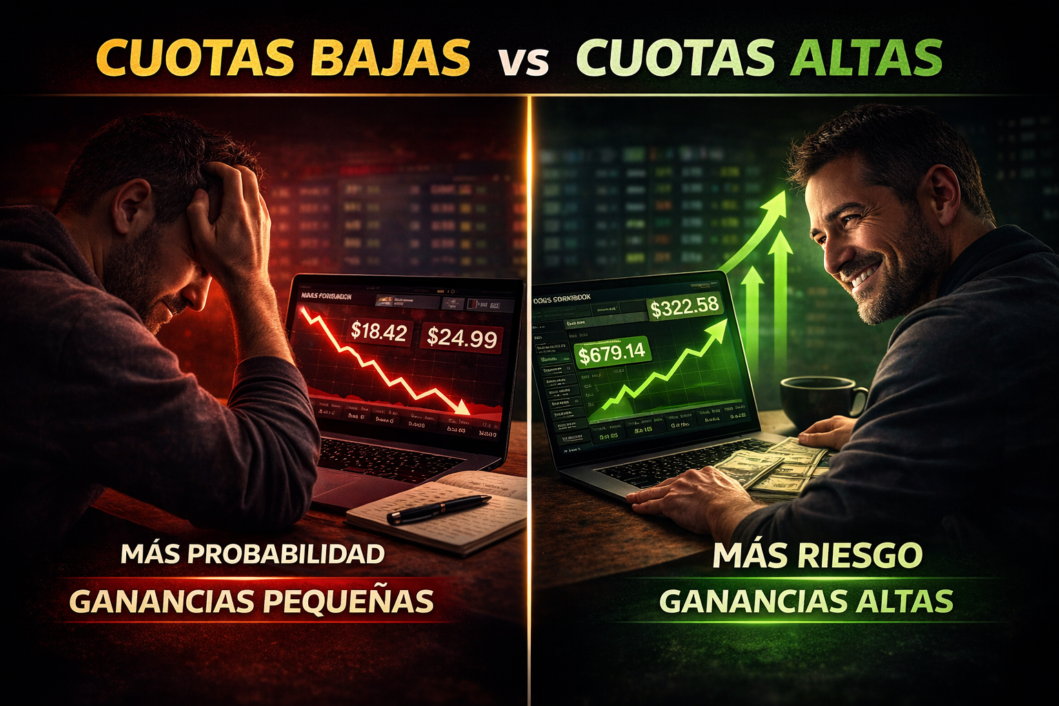 comparación entre cuotas bajas y cuotas altas en apuestas deportivas mostrando riesgo y ganancias