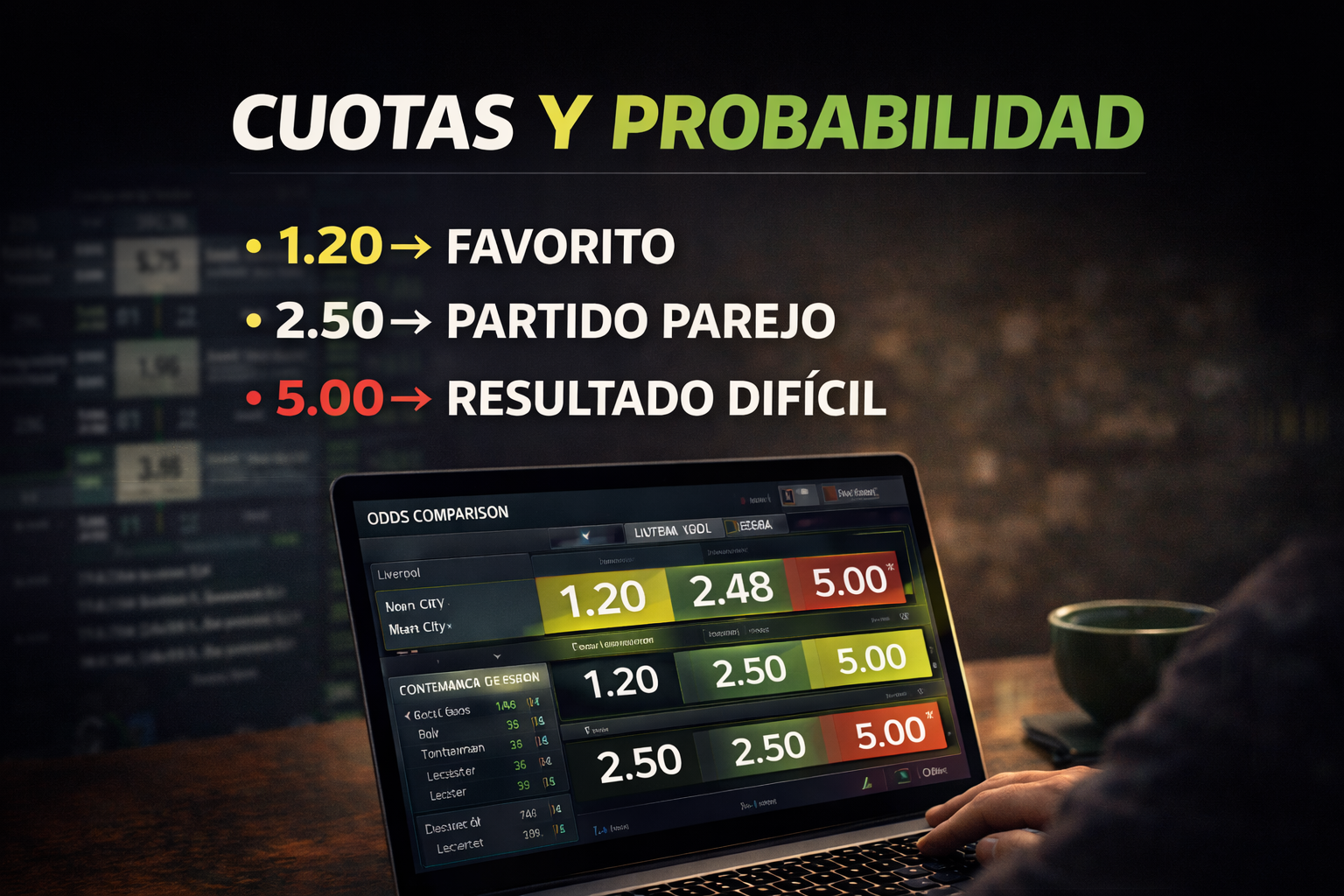 ejemplo de cuotas y probabilidad en apuestas deportivas mostrando favorito y resultado difícil