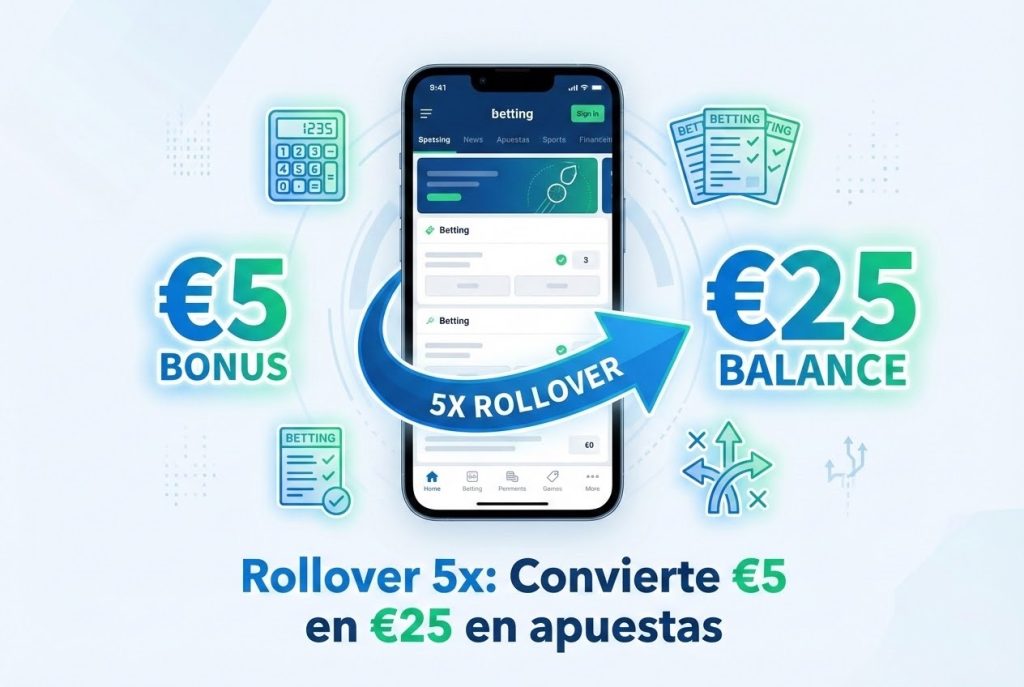 Ilustración de un bono de 5€ que crece a 25€ con rollover x5