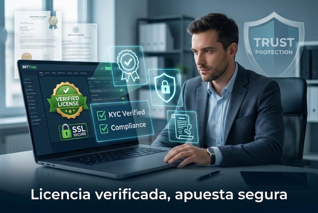 Usuario revisando licencia y seguridad de casa de apuestas online