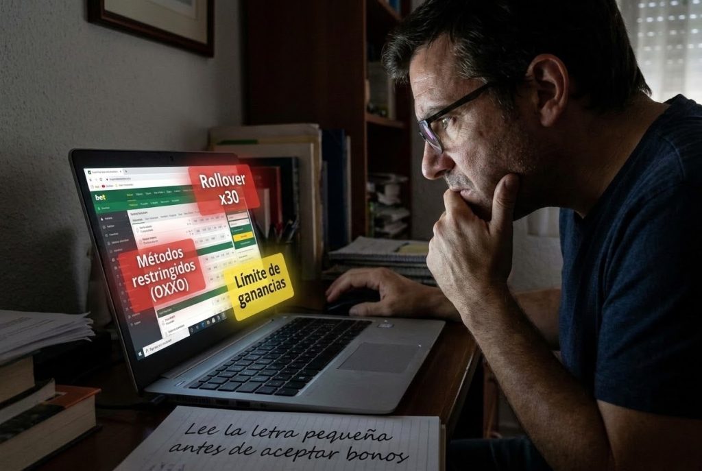 Usuario revisando términos de bono en casa de apuestas