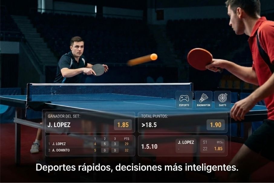Partido de tenis de mesa con estadísticas y apuestas en pantalla